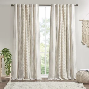 Imani 100% Cotton Printed Boho Single Curtain Panel with Tufted Chenille Stripe and Lining - Image 1