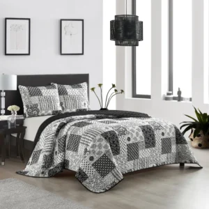 Makenna Black/White Microfiber 3 Piece Quilt Set - Image 1