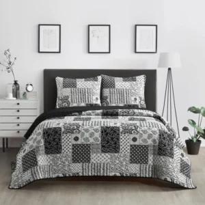 Makenna Black/White Microfiber 3 Piece Quilt Set - Image 2